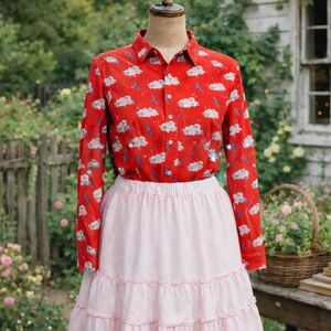 Hayley Elasaesser “My Little Pony”Red, Rainbow Button-Up Shirt with Cloud Print